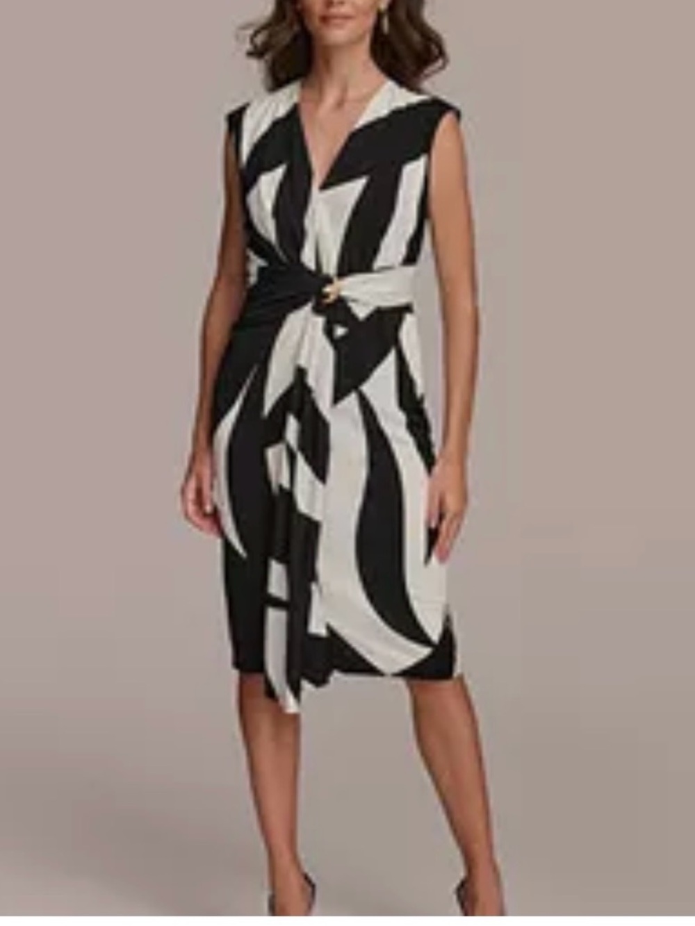 Donna Karan Black & White Sleeveless Twist-Front Midi Dress